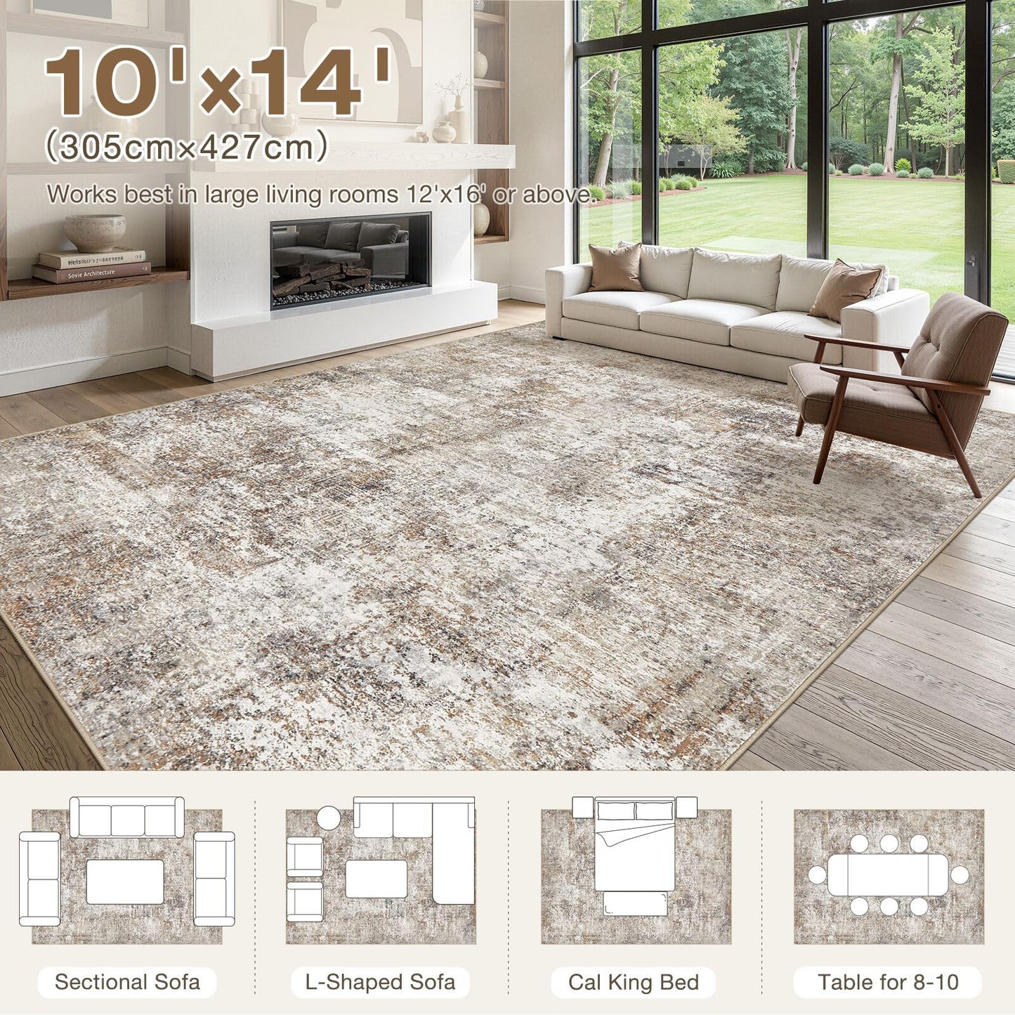 10x14 Area Rugs for Living Room: Washable Large Neutral Abstract Rug Soft Non Slip Stain Resistant Low Pile Indoor Carpet for Bedroom Dining Room Nursery Office Playroom - Brown Grey