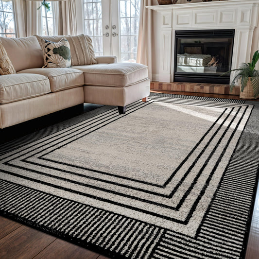 Rugshop Contemporary Geometric Bordered Indoor Area Rug for Living Room,Bedroom,Kitchen Rug Low Pile Rug with Jute Backing 5' x 7' Cream