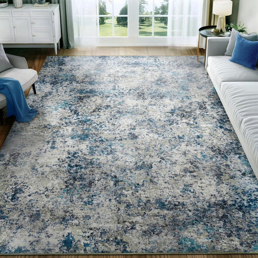 AUKOW Washable Area Rug for Living Room: 6x9 Modern Abstract Neutral Soft Rug for Bedroom Dining Room No Slip Low Pile Carpet for Nursery Home Office - Grey/Blue