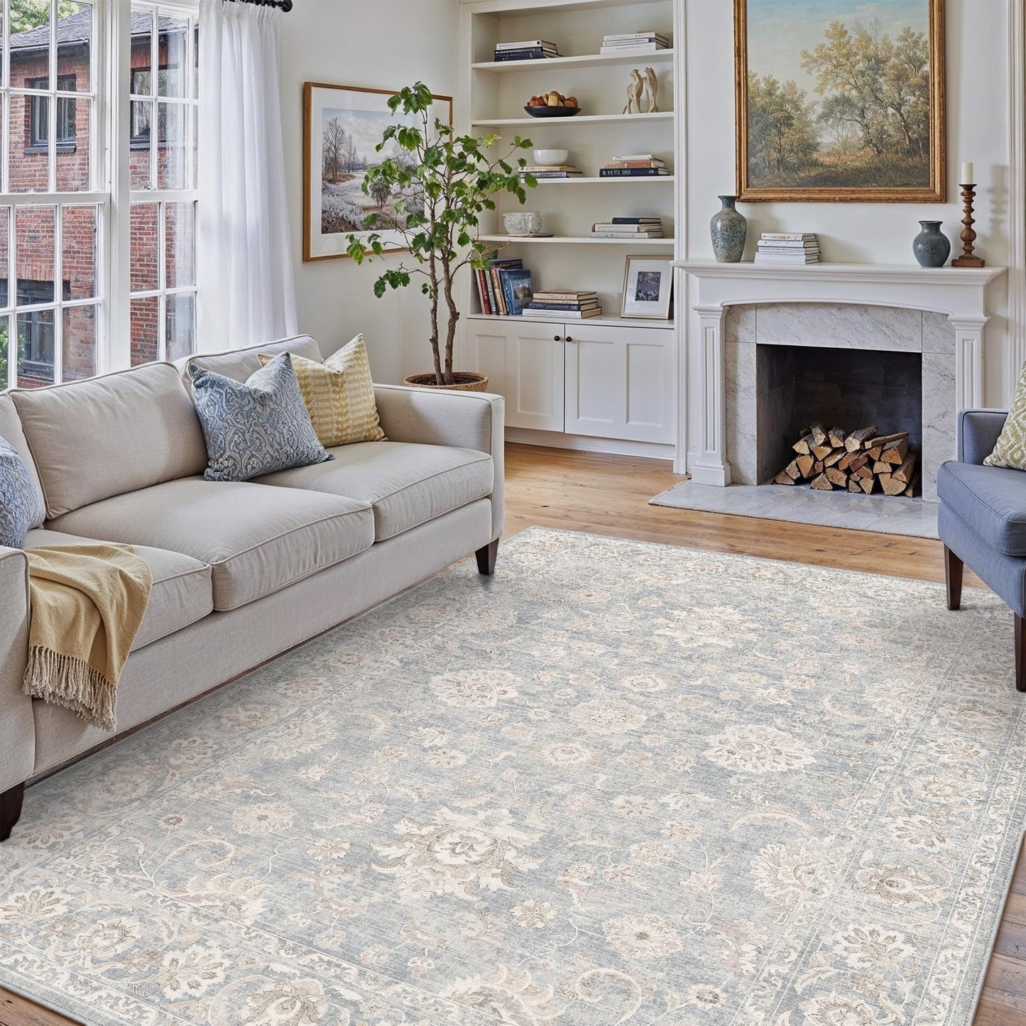 WondRg 9x12 Blue Cream Area Rug for Living Room Bedroom Neutral Floral Soft Non Slip Rug Low Pile Distressed Large Carpet for Dining Room Nursery Office Indoor