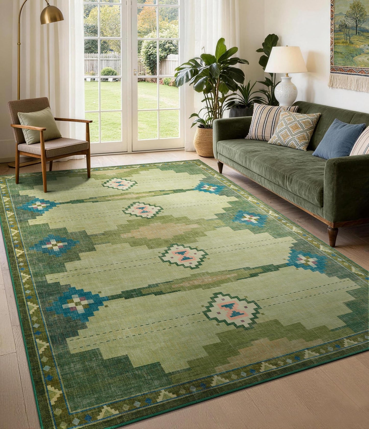 YIHOUSE Mid Century Modern Rugs for Living Room, 6x9 Green Rug No-Slip Southwestern Large Area Rug Washable Rugs for Bedroom, Dining Room