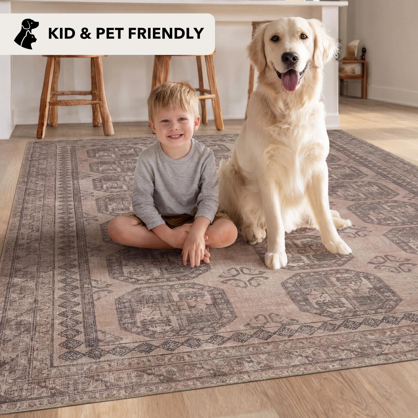 Kuden 9x12 Large Area Rug, Machine Washable Area Rug with Non-Slip Backing, Vintage Style, Soft, Easy Clean, Low Pile Rug for Living Room, Bedroom, Dining Room