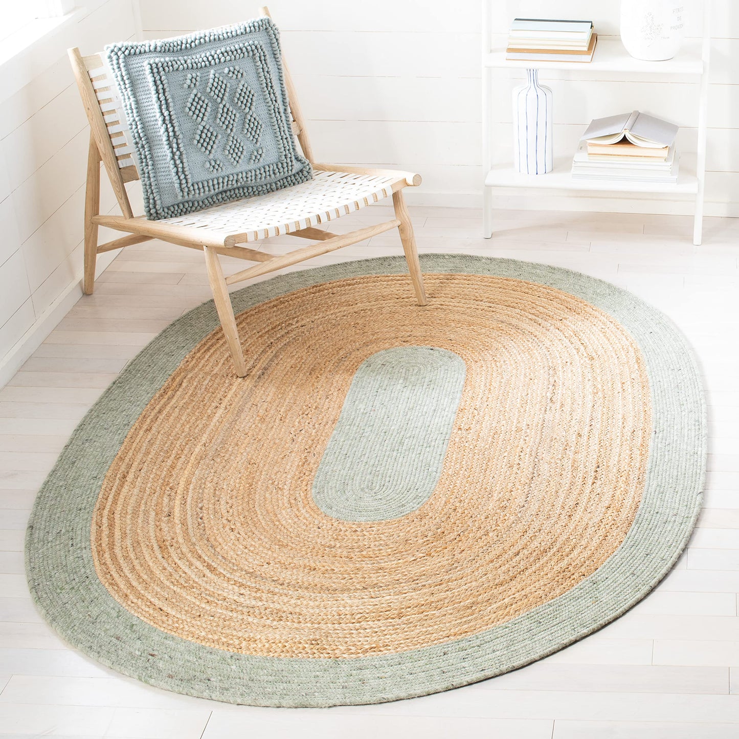 SAFAVIEH Braided Collection 5' x 7' Oval Sage / Gold BRD910L Handmade Country Cottage Reversible Jute Area Rug