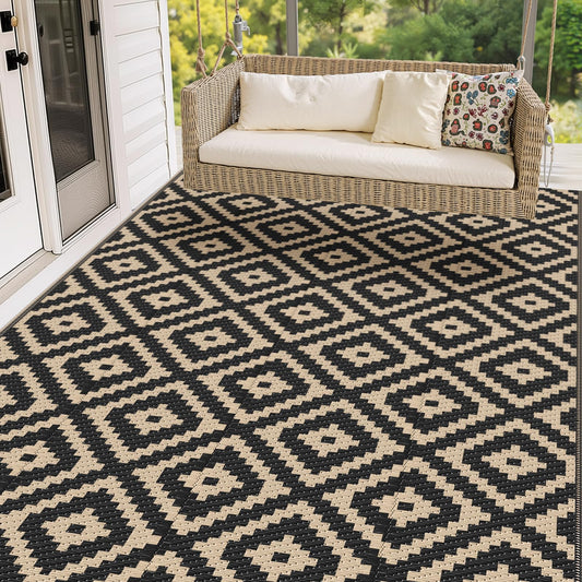 Mattitude Waterproof Outdoor Rug 5x8 Ft Outdoor Plastic Straw Rug Reversible Patio Rug Large Outdoor Carpet Area Rug for Patio Backyard Picnic Beach Camping RV Black & Beige