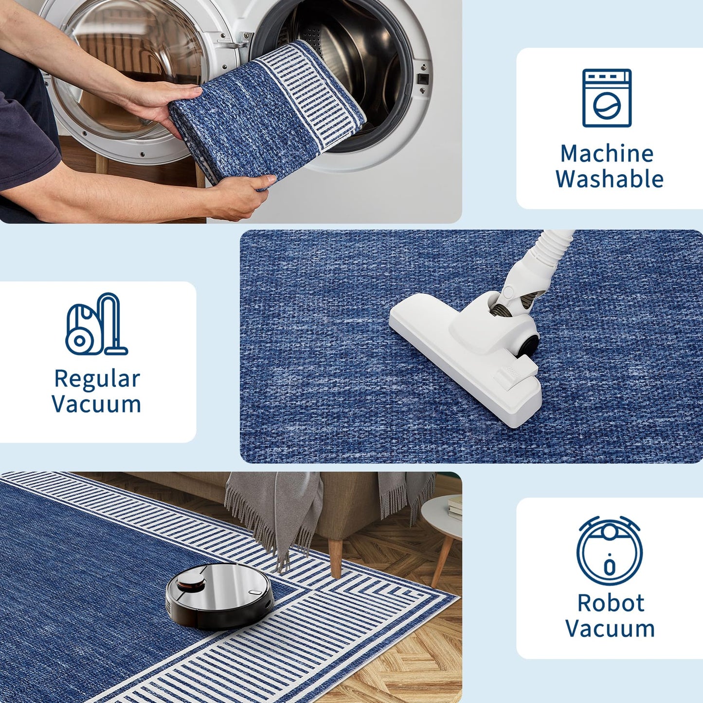 GarveeHome Washable Rug 5x7 for Bedroom Large Living Room Rug with Rubber Backing Casual Striped Border Throw Carpet Modern Contemporary Area Rug for Dining Room Nursery Entry, Blue