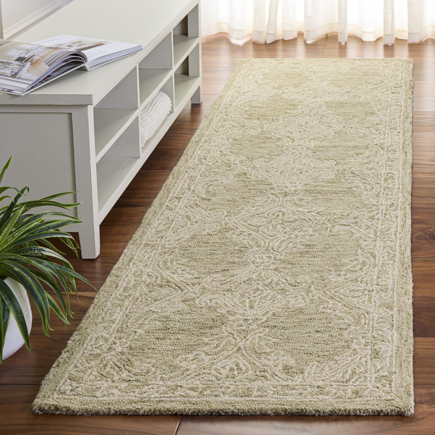 SAFAVIEH Abstract Collection Runner Rug - 2'3" x 8', Green & Ivory, Handmade Wool, Ideal for Hallway, Foyer, Entryway, Bedroom (ABT561Y)