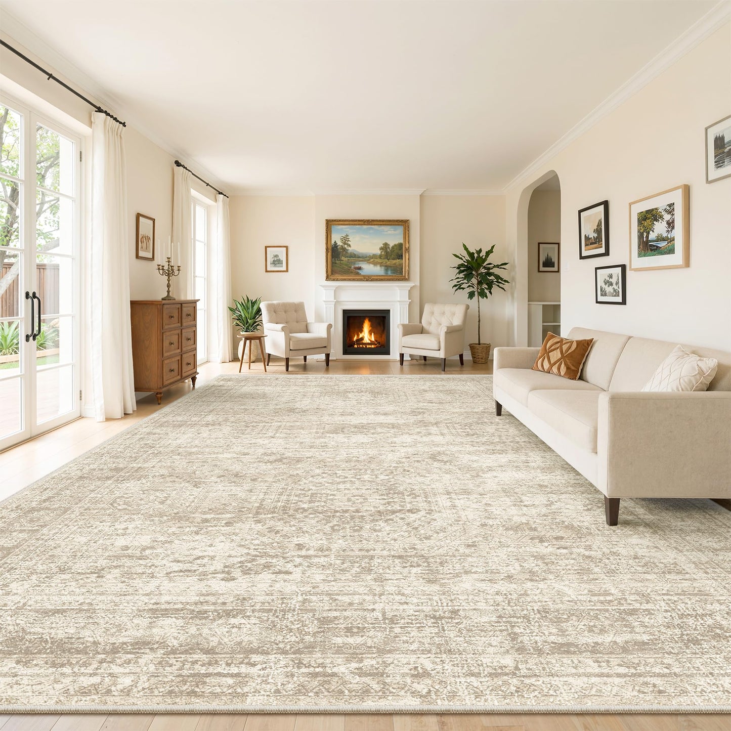 Soalmost 10x14 Area Rugs for Living Room, Non Slip Machine Washable Vintage Rugs, Low Pile Lightweight Large Rug for Bedroom, Dining Room, Home Office Beige