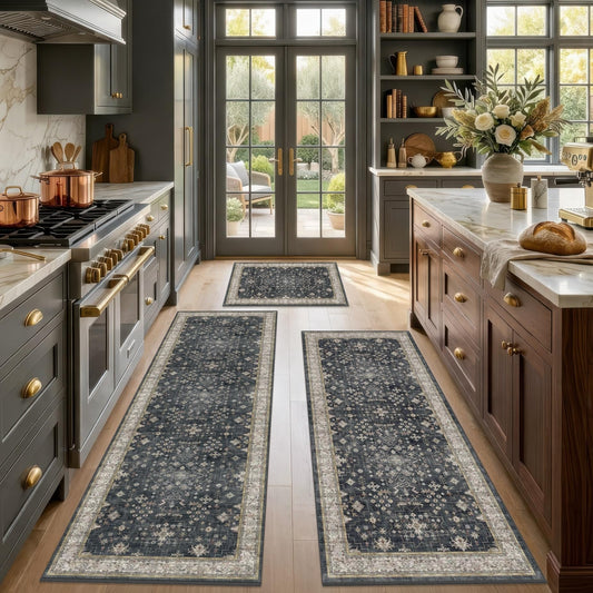 Black Boho Kitchen Rugs Set of 3, Non-Slip Machine Washable Kitchen Floor Mats, Low-Pile Runner Rug for Sink, Entryway, Bathroom, Laundry Room, Bedroom, Vintage Farmhouse Design