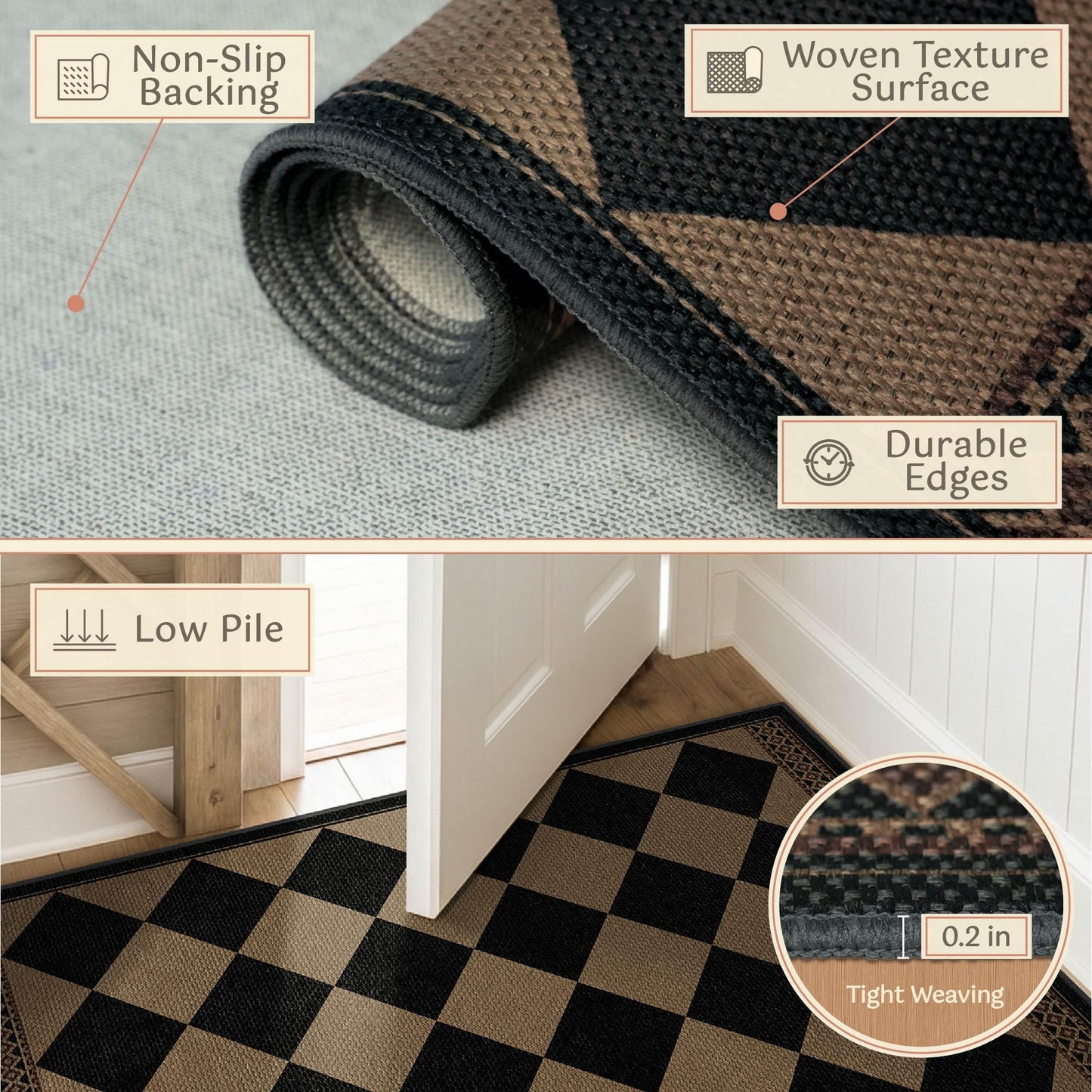Black & Brown Checkered Easy Jute Outdoor Rug 4x6 for Porch Patio, Washable Non-Slip Diamond Checkerboard Entryway Office and Backyard Boho Border Rug, Farmhouse Low Pile Indoor Carpet for Living Room