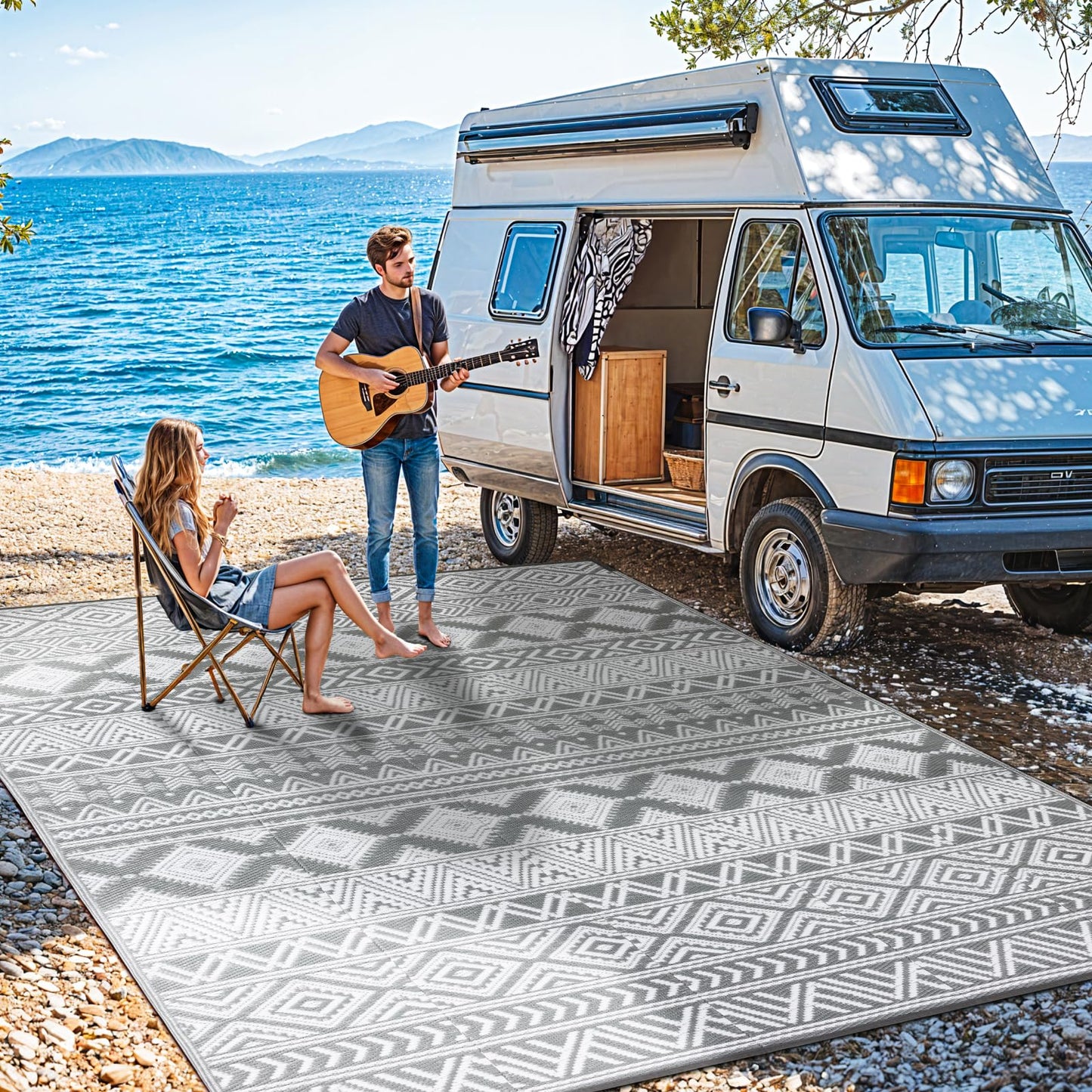Waterproof Outdoor Rug 8x10 ft, Reversible Plastic Straw Patio Camping Rugs, Outdoor Indoor RV Mat Carpet for Patio, Outside Entry, Backyard, Deck, Bench, Picnic, Camper(8x10,Gray&White)