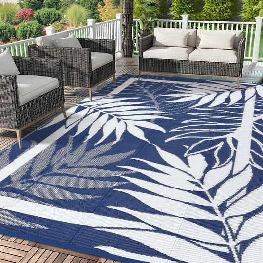 GAOMON 9'x18' Outdoor Rug Waterproof, Reversible Plastic Straw Rug for Large Patio, Backyard, Poolside, Deck – UV Resistant, Heavy Duty, Easy Clean Outdoor Carpet for High Traffic, Navy&White