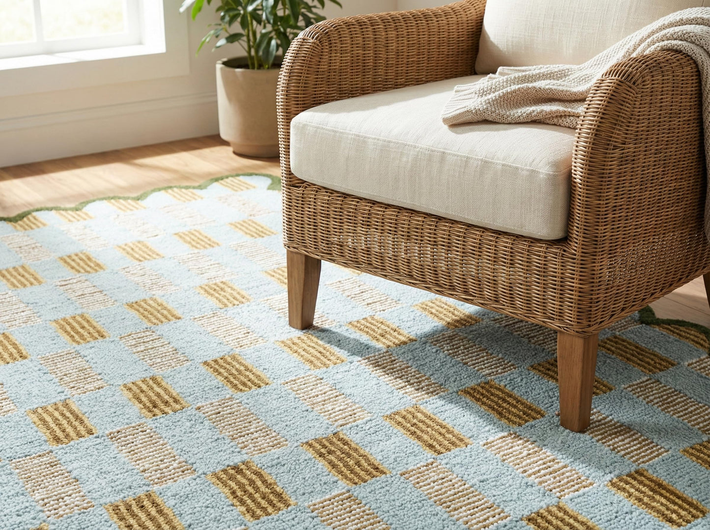 Weaving Village Hand Tufted Wool Rug with Scalloped Edges, Light Blue Plaid Pattern, Soft Area Rug for Living Room, Bedroom, and Nursery, Handmade Modern Accent Rug, Meadow Sky, 2'x3'