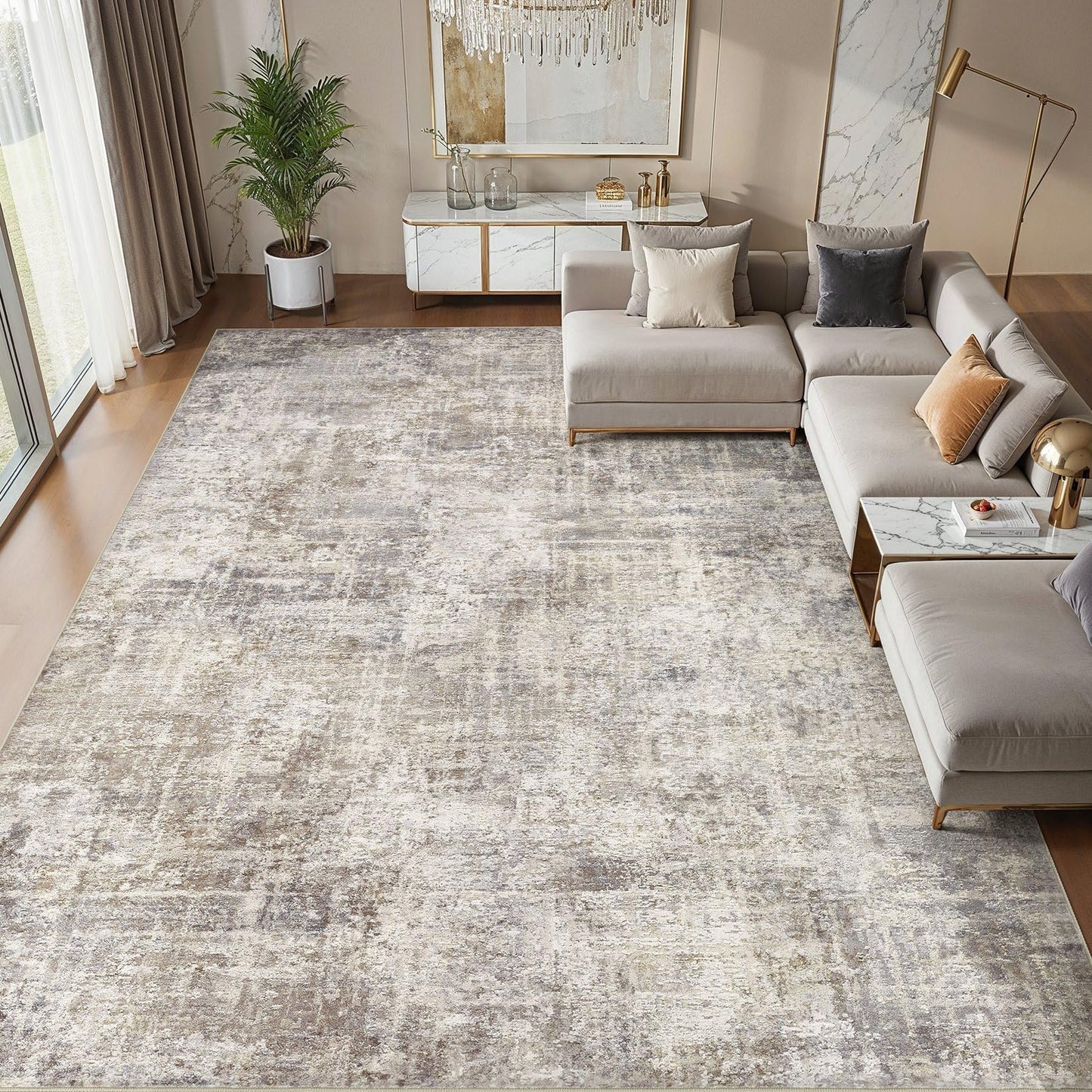 cotiled Washable 8x10 Area Rug for Living Room - Modern Abstract Carpet with Non-Slip Backing, Low Pile & Soft, Stain Resistant, Kid & Pet Friendly Decor for Bedroom & Dining Room - Brown Grey