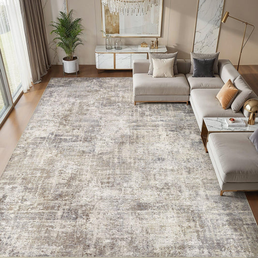 cotiled Washable 8x10 Area Rug for Living Room - Modern Abstract Carpet with Non-Slip Backing, Low Pile & Soft, Stain Resistant, Kid & Pet Friendly Decor for Bedroom & Dining Room - Brown Grey