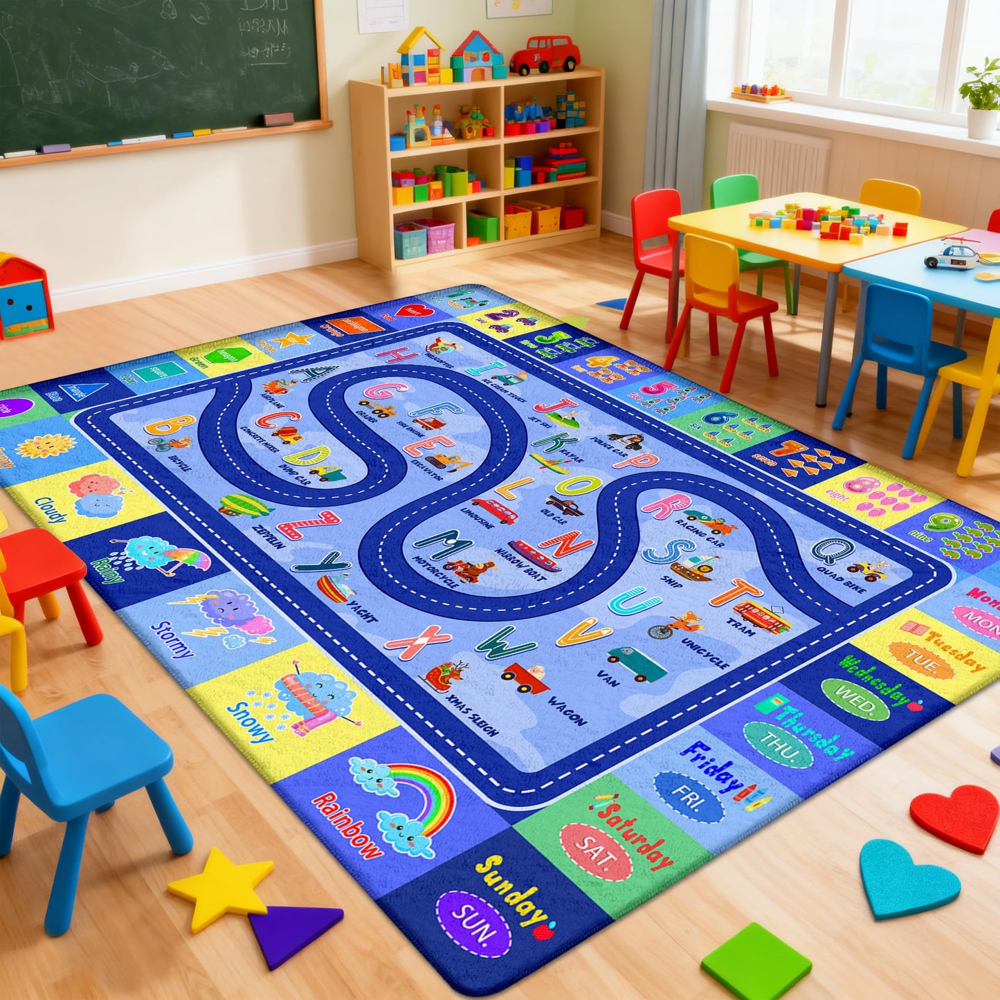 Kids Rug for Playroom, Educational Classroom Rug for Kids Room, Washable Nursery Rugs, Soft Non-Slip Play Mat for Learning ABC Carpet, Vehicles, Numbers, Animals, Colors, Shape, Season 5x7 Feet