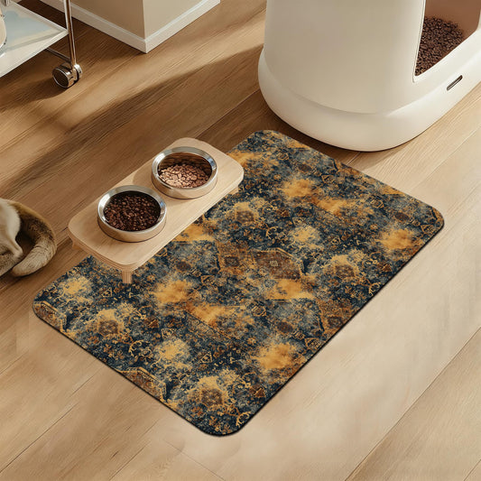 Grunge Boho Pet Feeding Mat for Floors–Absorbent Quick Dry Dog Cat Bowl Mat for Food and Water, Non Slip Waterproof Base, Mess-Free Feeding Accessories 12"x20"