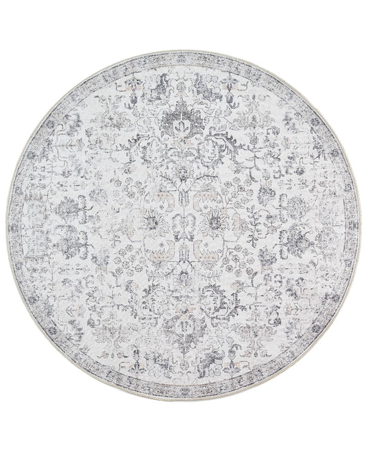 jinchan Kalen Round Rug 5ft Area Rug Washable Vintage Indoor Retro Entryway Floor Cover Distressed Gray Floral 5' Round Circle Boho Non Slip Thin Carpet for Bedroom Living Room Dining Room Grey