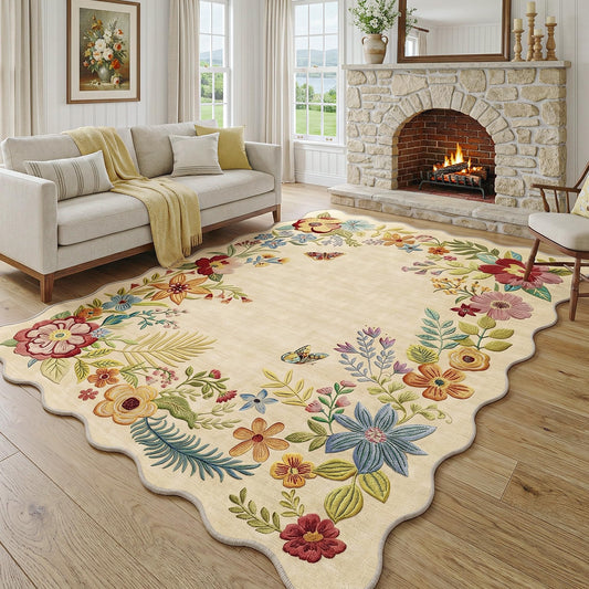 FMFUNCTEX 6x9 Floral Washable Area Rug Beige Neutral Vintage Flower Botanical Cottage Boho Cream Scalloped Soft Non Slip Low Pile Large Indoor Thin Carpet for Living Room Bedroom Dining Room Nursery
