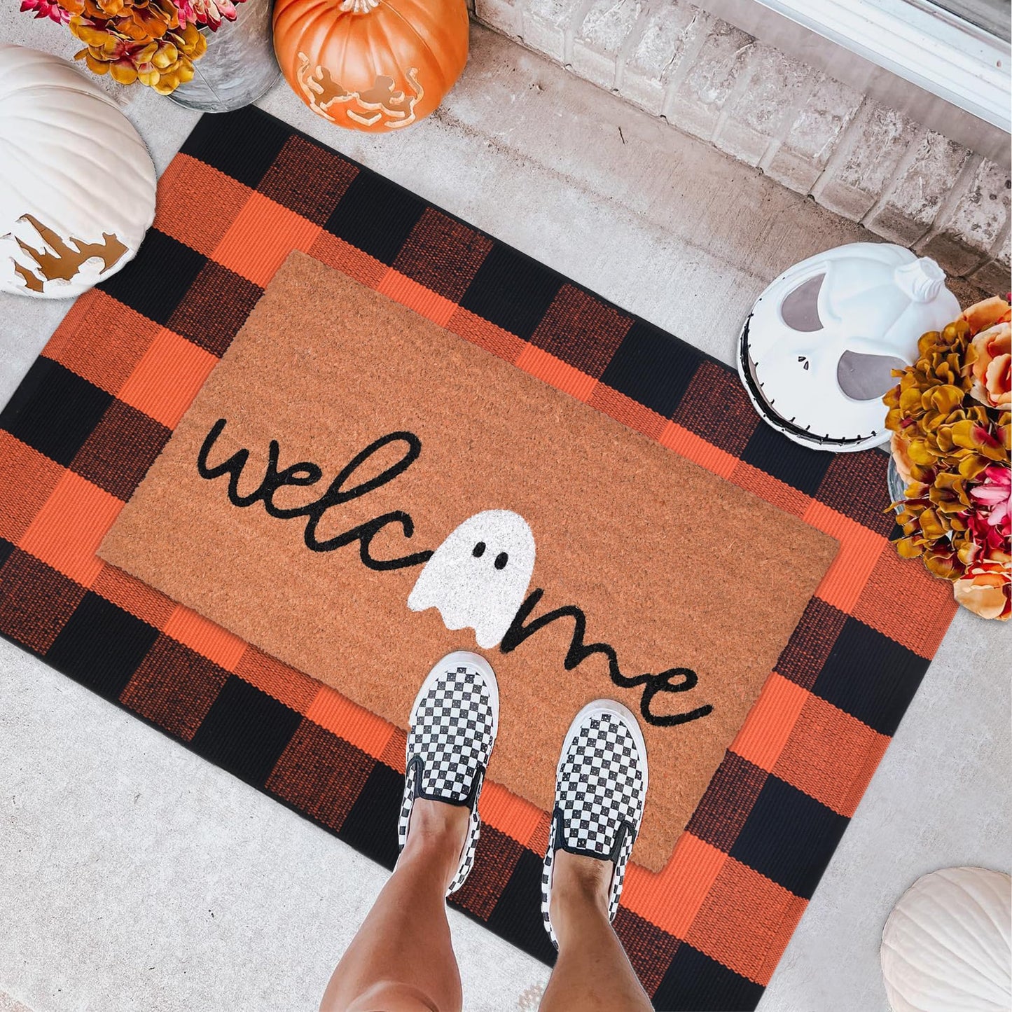 Halloween Decor Doormat Combo Set, Welcome Ghost Coco Coir Welcome Mat + 28" x 43" Orange and Black Plaid Rug, Autumn Halloween Front Porch Entryway Decor Floor Mat