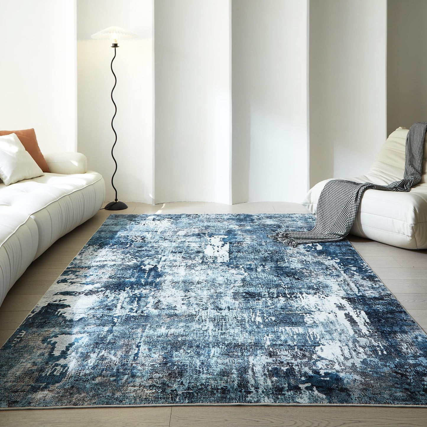 Rugcomf Area Rug 5x7 Washable Rug Boho Soft Abstract Pattern Non-Slip Non-Shedding Faux Wool Vintage for Living Room, Bedroom, Farmhouse, Dining Room, Indoor, Kids Playroom, Blue
