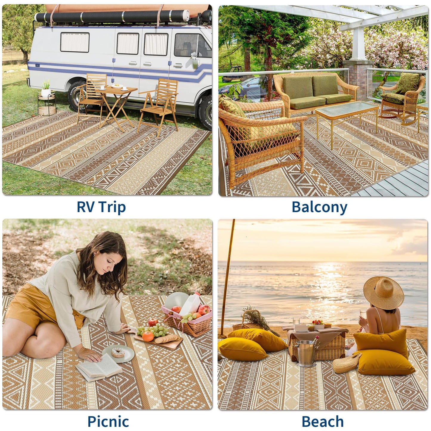 Garvee Outdoor Rug 9x18 Waterproo Large Outdoor Camping Rug Reversible Rv Patio Mats Black Gray Outdoor Plastic Straw Outdoor Rugs Clean Easily Large Patio Mat for RV, Deck, Camping,Brown/Tan