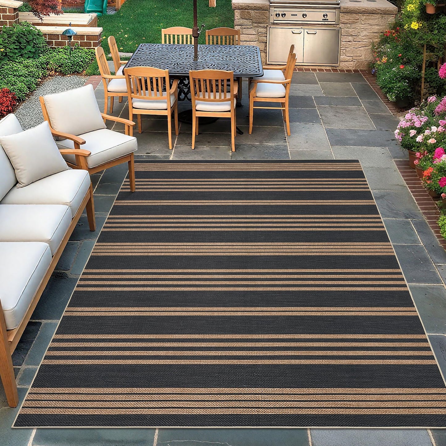 GAOMON 8x10 Outdoor Rug for Patio Easy Jute Rug for Living Room Classroom Office Modern Striped Bedroom Rugs Stain Resistant Indoor Outdoor Area Rug for Dining Room Balcony Black and Brown
