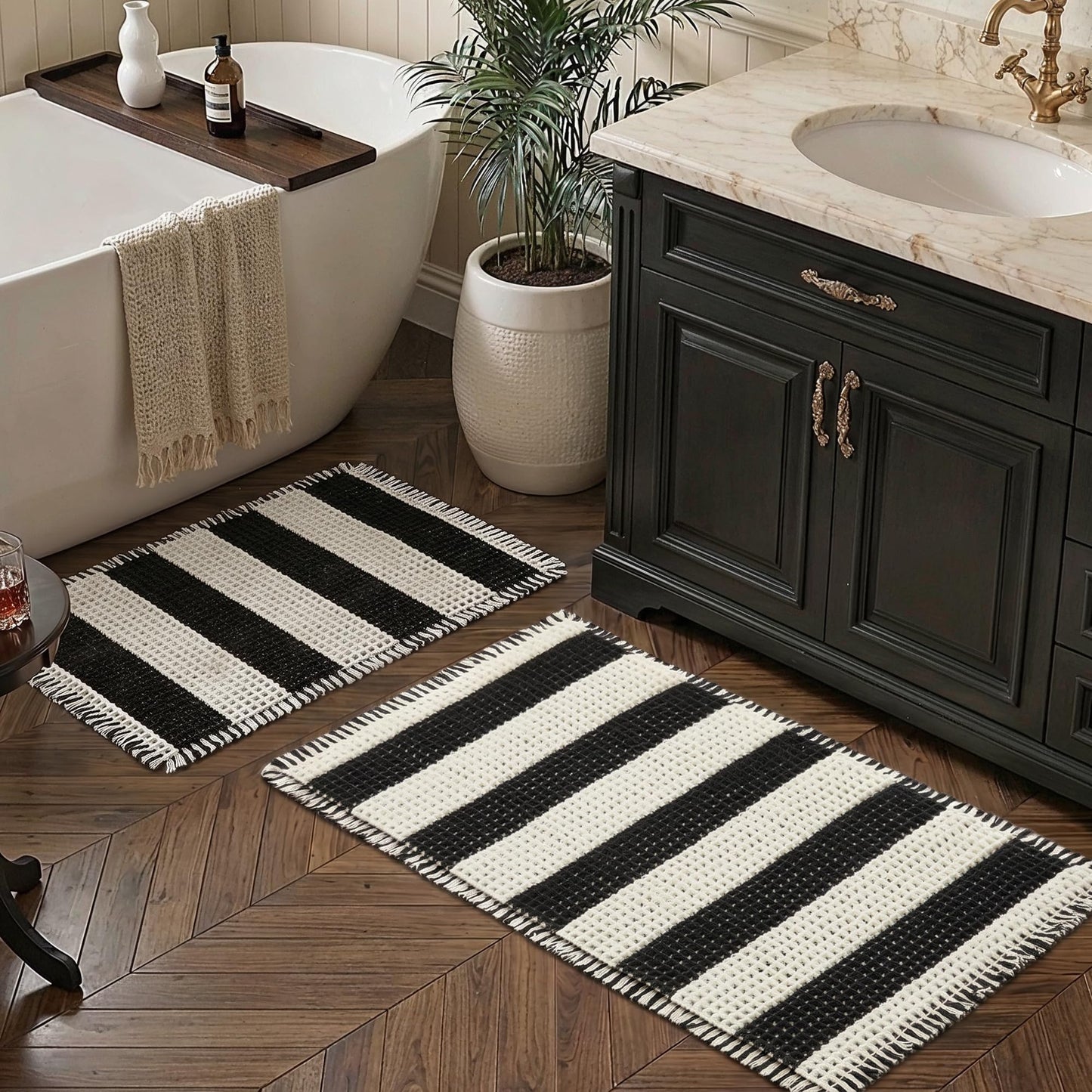 MatEssenz Bathroom Rugs Sets 2 Piece Absorbent Quick Drying Machine Washable,Non Slip, Bathroom Accessories, 17"x24"+18"x30", Black and White Stripes