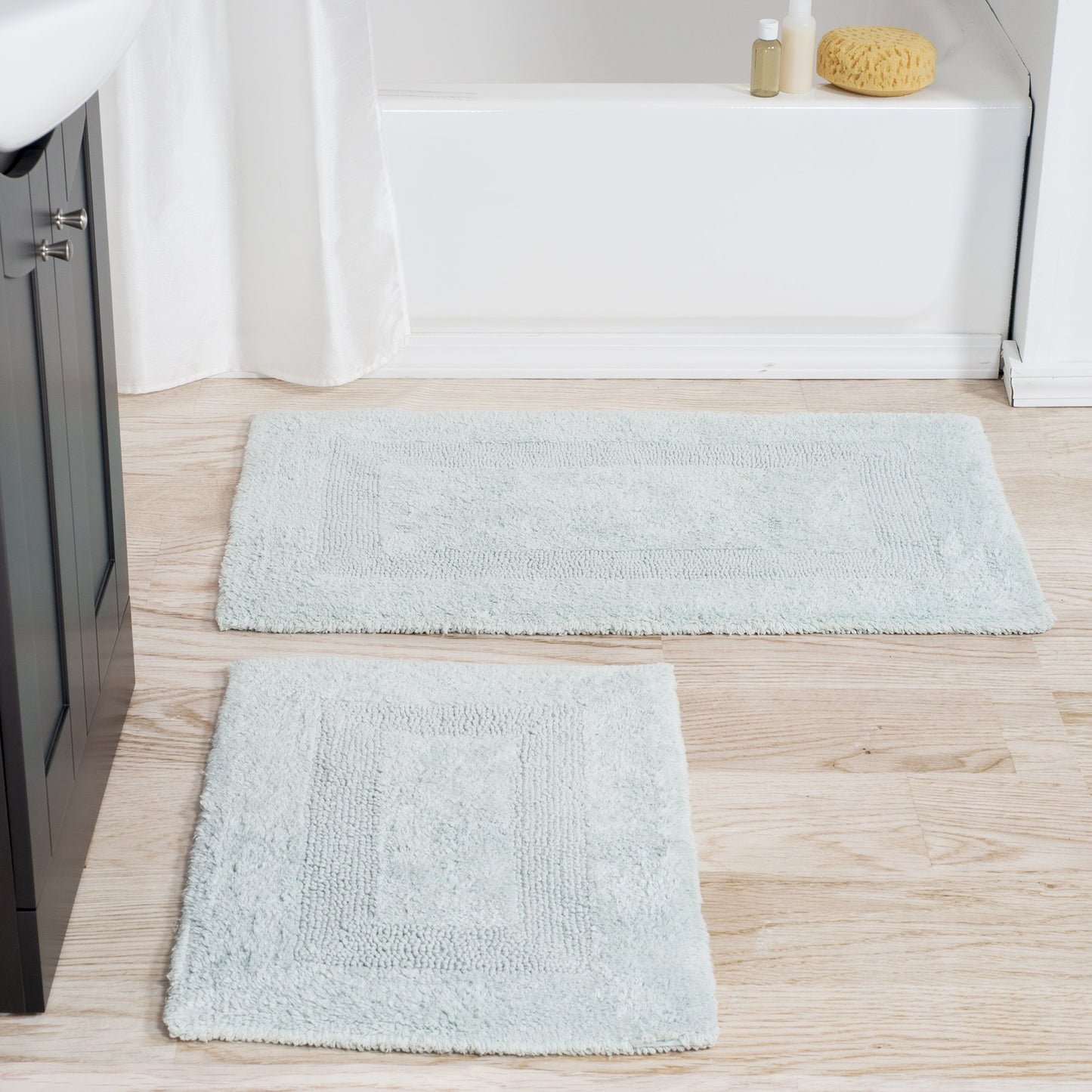 Cotton Bath Mat Set- 2 Piece 100 Percent Cotton Mats- Reversible, Soft, Absorbent and Machine Washable Bathroom Rugs By Lavish Home (Seafoam)