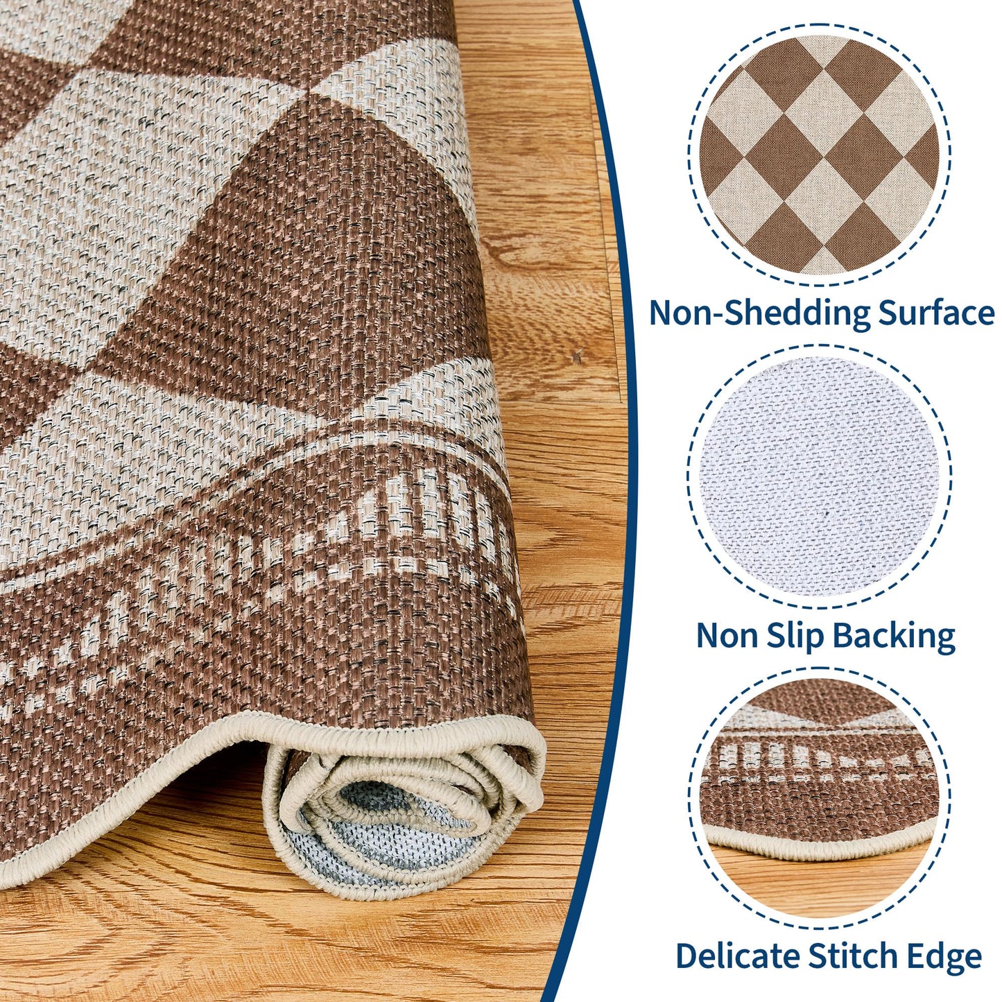 Garvee Easy Jute 8x10 Area Rug Scalloped Border Rugs for Living Room Indoor Outdoor Washable Rugs for Bedroom Non Slip Floor Cover Stain Resistant Low Pile Throw Rug for Dining Room Nursery，Brown