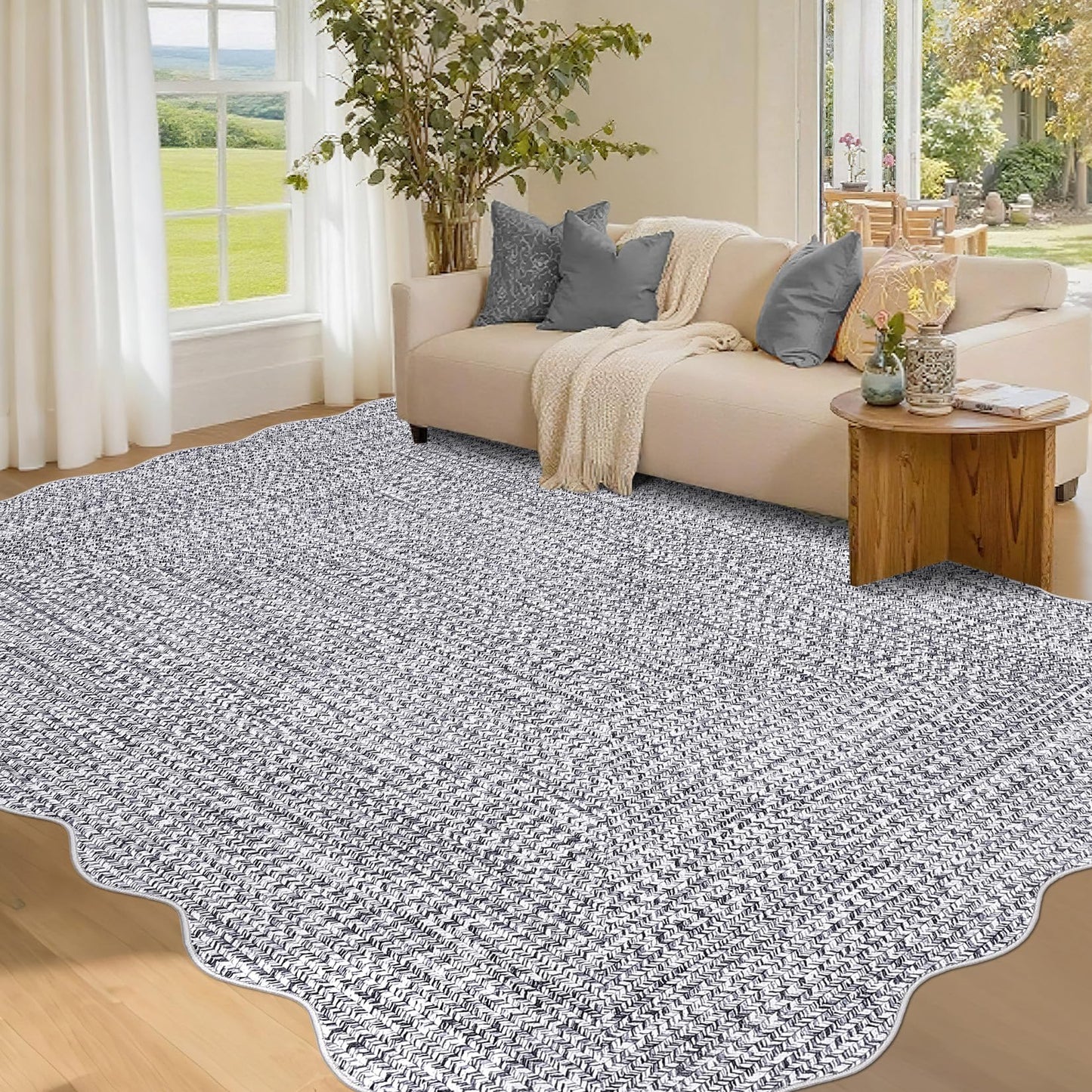 GlowSol Washable Rug 5x7 Farmhouse Scalloped Rug with Non Slip TPR Backing, Low Pile Non Shedding Rugs, Soft Solid Rugs Foldable Mat for Living Room Nursery Dining Room, Grey