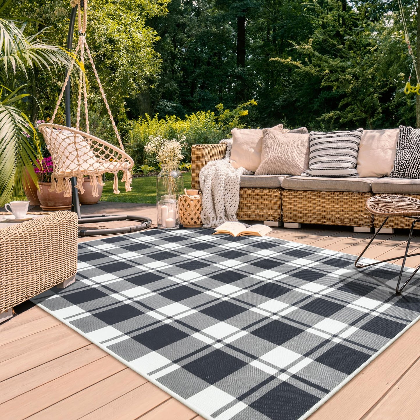 AROGAN Checkered Jute 4x6 Area Rugs, Washable Outdoor Patio Rug for Living Room Entrance Indoor Outdoor Carpet, Farmhouse Design Neutral Geometric Rugs for Front Porch Mat Dining Room