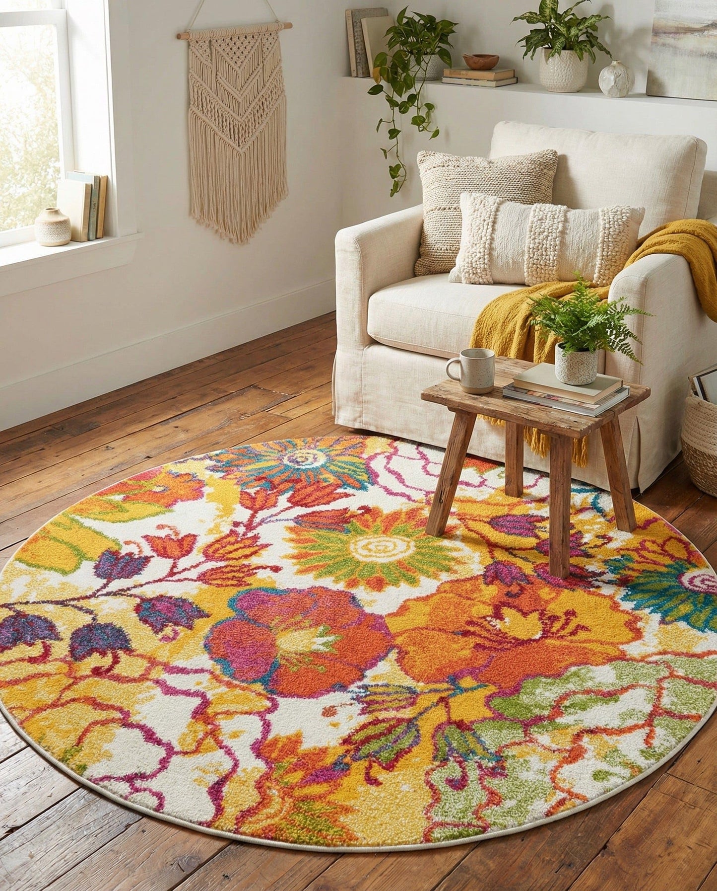 Rugs.com - Tuscany Rug – 4 Ft Round Ivory Floral Area Rug – Modern Stain-Resistant Carpet for Playrooms and Nurseries