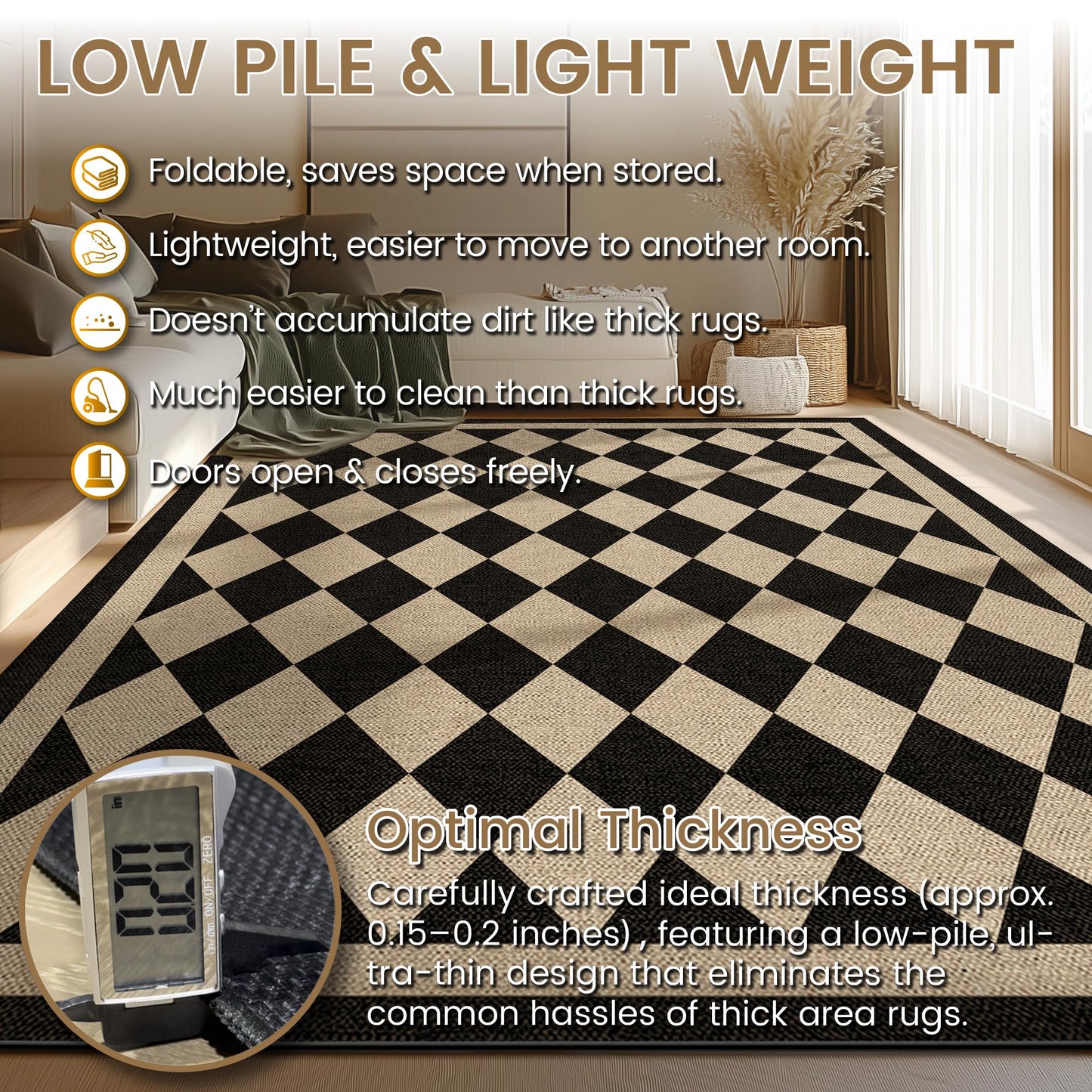 JROSING Washable Checkered Easy Jute Rug 5x7, Black Checkerboard Geometric Modern Outdoor Indoor Patio Large Rugs, Woven Thin Carpet Mat for Living Dining Room Bedroom Classroom Kids Nursery Play Room