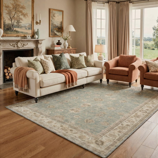 GENIMO 5X7 Area Rugs for Living Room, Machine Washable Non Slip Boho Vintage Rugs, Low Pile Soft Stain Resistant Rug for Bedroom, Dining Room, Home Office, Muted Sage