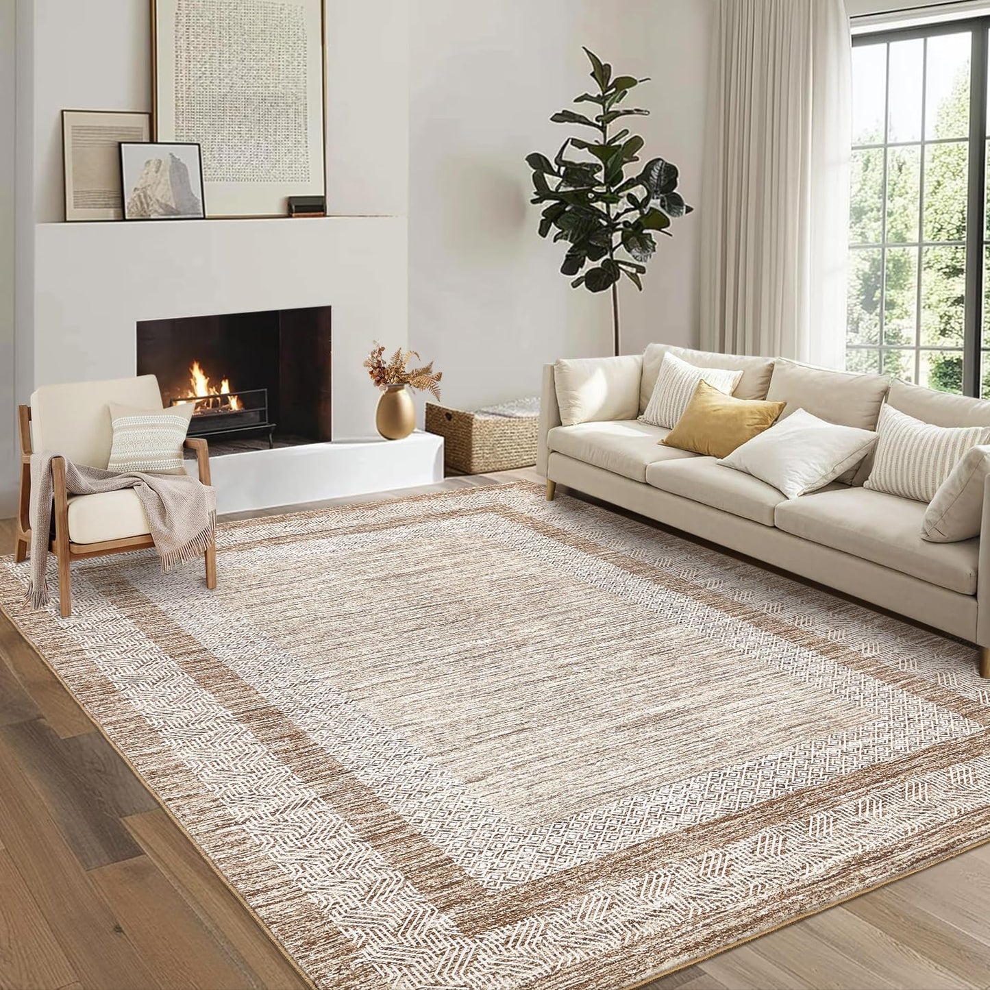 GarveeHome Modern Geometric Area Rug 5x7 Distressed Bordered Rug Washable Non Slip Floor Carpet Non Shedding Thin Rug, Soft Low Pile Rug, Contemporary Brown Rug for Dining Room, Living Room