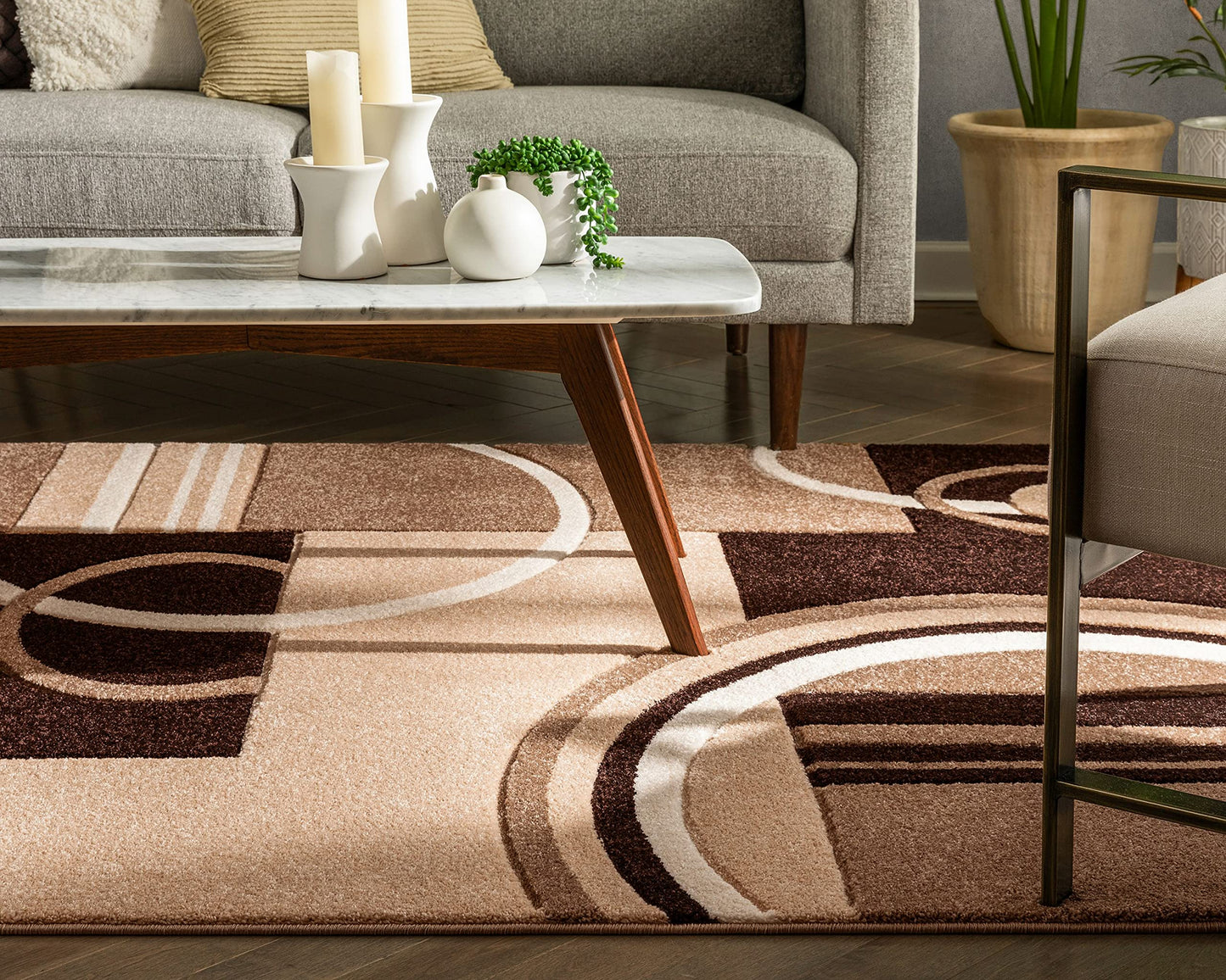 Well Woven Ruby Echo Shapes & Circles Geometric Ivory and Beige 5 by 7 Rug - Abstract Modern Thick Pile Carpet, Soft Durable Easy Care Floor Covering, Contemporary Neutral Geometric Pattern