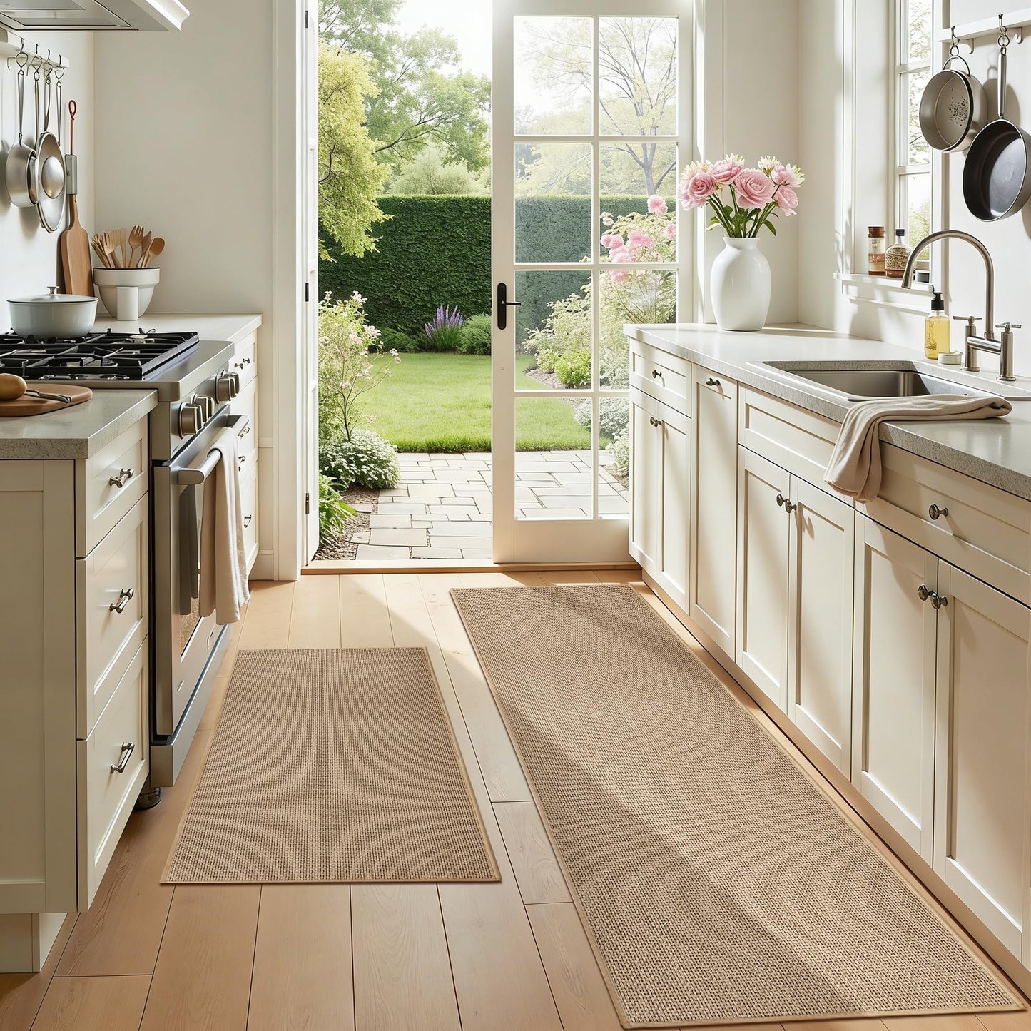 Beige Kitchen Rugs Non Slip Washable Set of 2 PCS, Cushioned Rugs for Kitchen Floor, Absorbent Runner Rug Comfort Mats with Rubber Backing for Kitchen, Hallway, Bathroom, Bedroom, 17.3"x30"+17.3"x47"