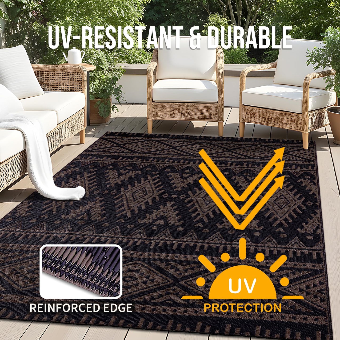 OLANLY Outdoor Rug Waterproof 5x8 ft, Reversible Outdoor Plastic Straw Rug, Boho Patio Rug, Indoor Outdoor Carpet, RV Mat Outside for Patio, Camp, Picnic, Balcony, Deck, Backyard, Black & Brown