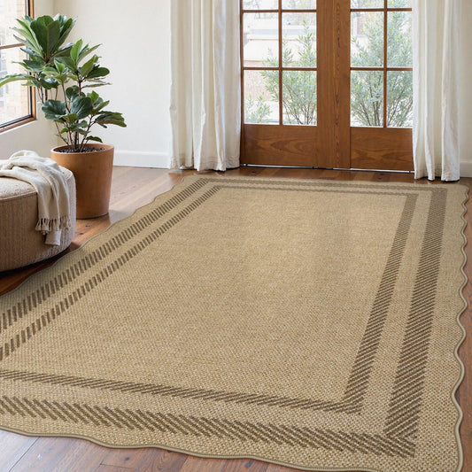 LIVEBOX Scalloped Washable 5x7 Rug, Easy Jute Tan Rugs for Living Room, Indoor Geometric Rug for Bedroom, Outdoor Farmhouse Non-Slip Rug Dining Room Mat Modern Carpet Area Rug for Patio Home Office