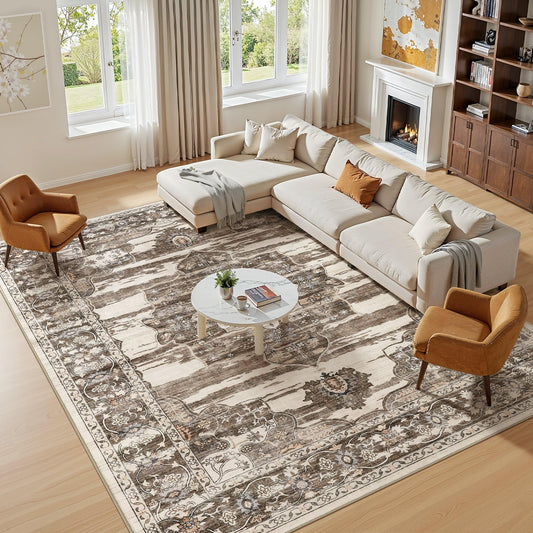 Jessibou Washable 5x7 Area Rug for Living Room - Ultra Soft Vintage Carpet with Non-Slip Backing, Stain Resistant Low-Pile Indoor Rug for Bedroom & Home Office, Kid & Pet Friendly - Dark Brown