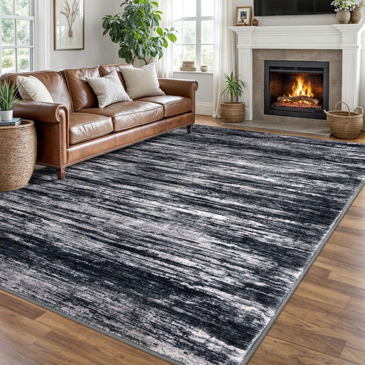 SIILOOM 8x10 Modern Abstract Area Rug for Bedroom, Black Large Super Soft Washable Rugs with Non-Slip, Non-Shedding Carpet for Living Room, Indoor Door Mat for Office Home Décor