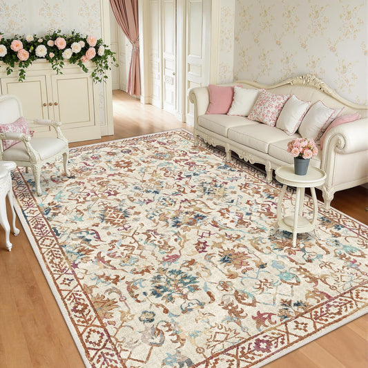Beige Colorful Vintage Area Rug 5x7 for Living Room Bedroom, Washable Farmhouse Soft Thin Non-Shedding Indoor Throw Rug, Traditional Accent Carpet for Bedroom Office