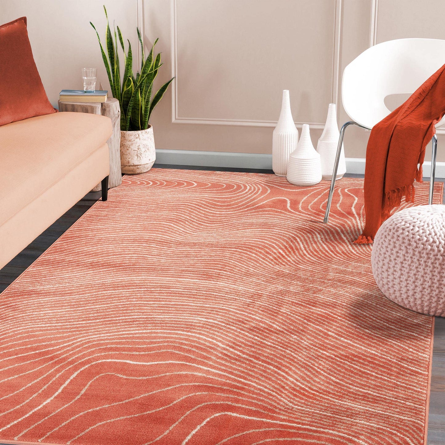 Superior Indoor Area Rug, Plush Carpet Cover, High-Traffic Rugs, Jute Backing, Hallways, Entry, Office, Living Room, Kitchen, Modern Abstract Wood Grain, Veer Collection, 5' x 8', Coral