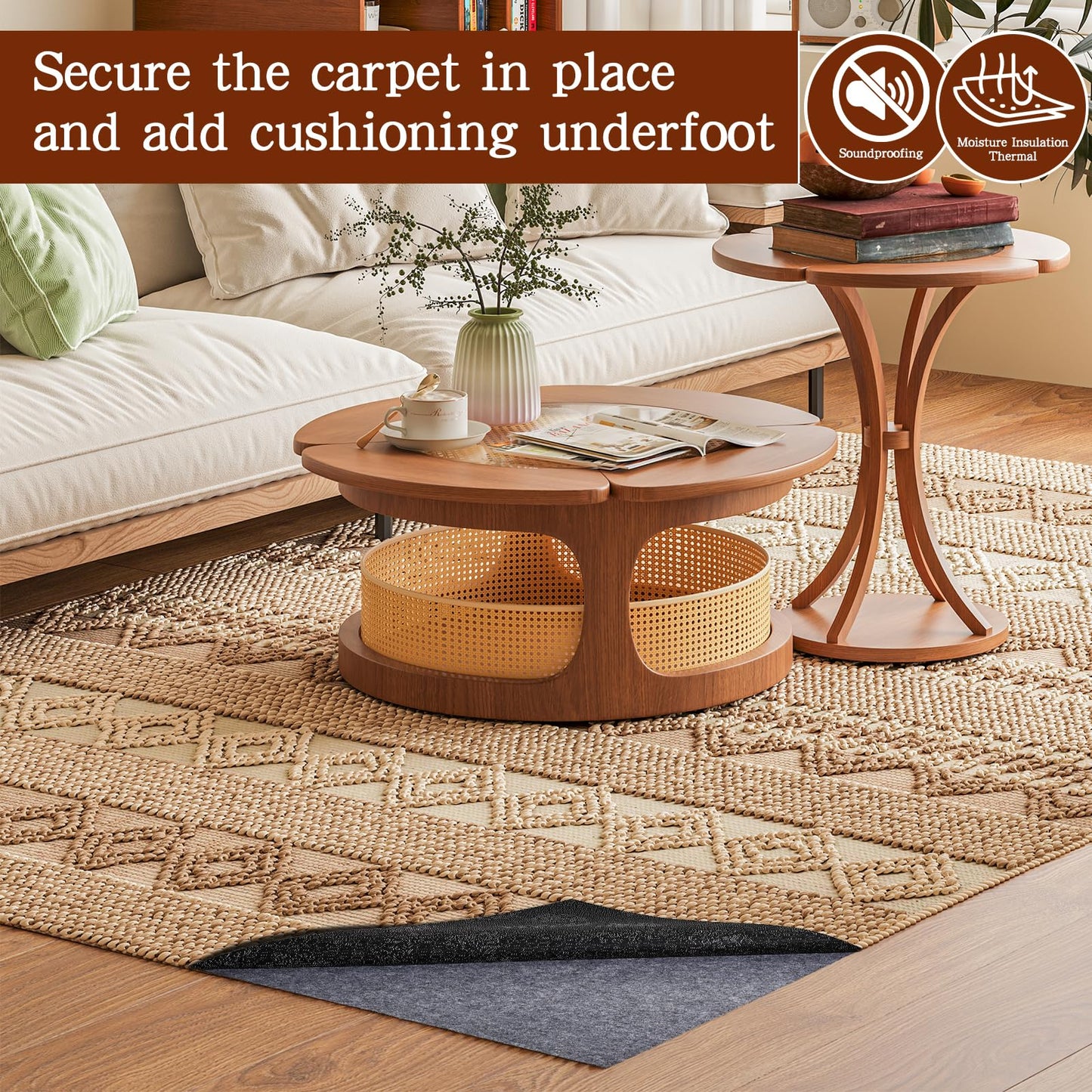 Rug Pad Waterproof Non-Slip 6x9 ft, 1/8" Thick Felt Cushion Pad for Area Rugs – Protects Hardwood, Tile & Laminate Floors – Keeps Rugs Flat & Secure