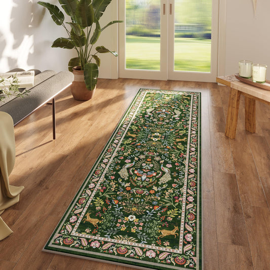 Runner Rug Washable Kitchen Runner 2'6''x8' Rug for Entryway Indoor Floral Non-Slip Soft Carpet for Hallways, Kitchen, Laundry, Bedroom, Bathroom (Emerald Green)