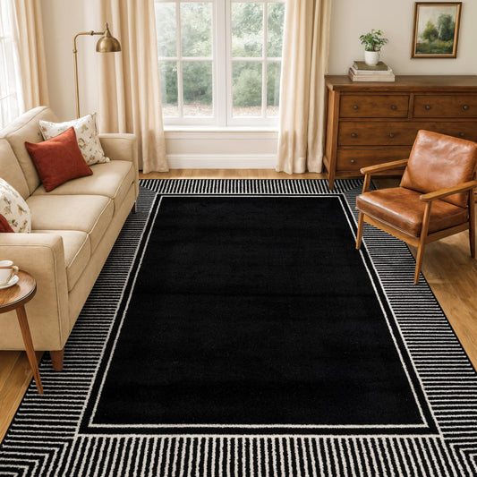 Rugshop Modern Distressed Bordered Indoor Area Rug for Living Room,Bedroom,Kitchen Rug Low Pile Rug with Jute Backing 5' x 7' Black