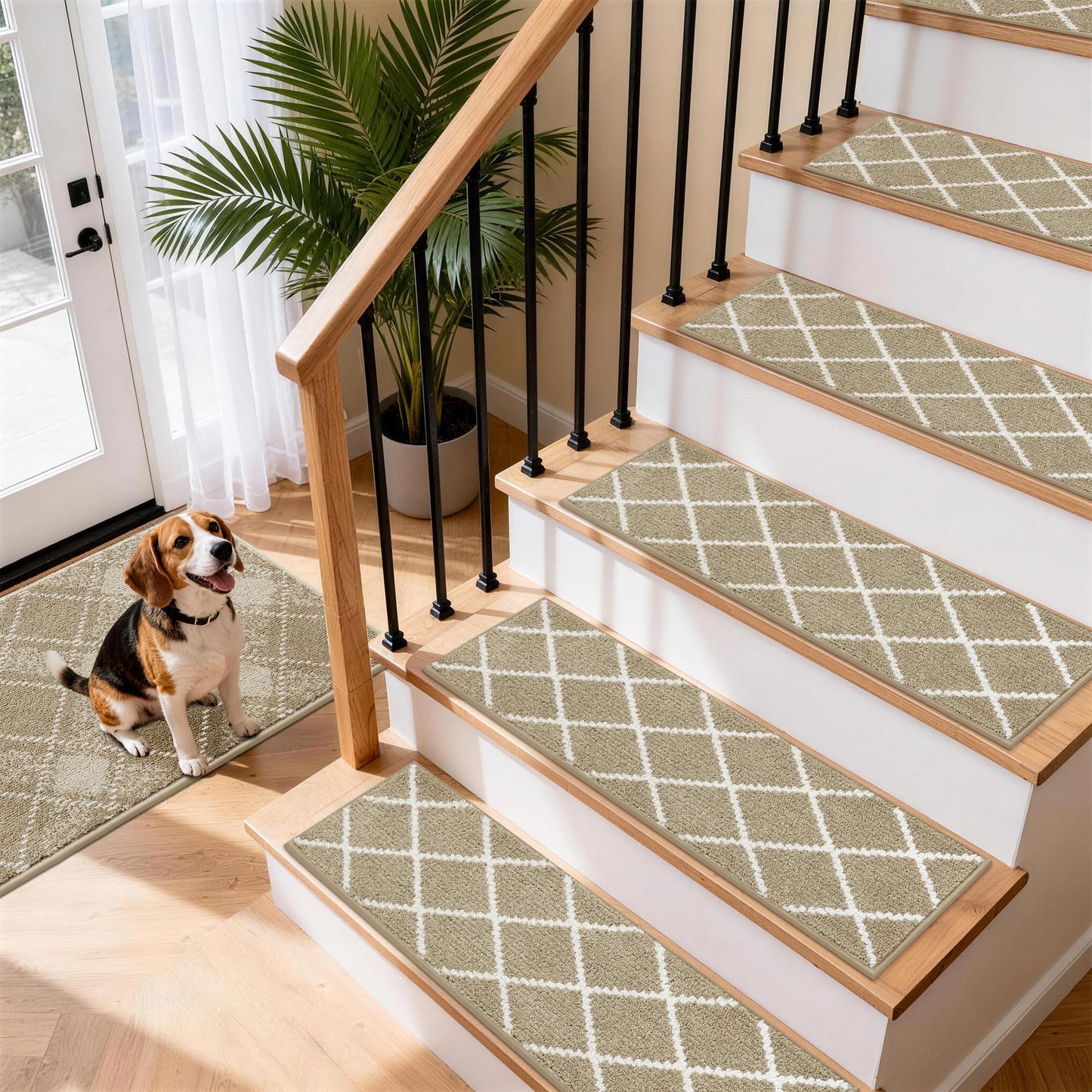 COSY HOMEER Stair Treads for Wooden Steps 9"x28", Non Slip Carpet Stair Treads, Peel and Stick Indoor Runners for Kids Elders and Dogs, 100% Polyester TPE Backing, 4pcs, Beige