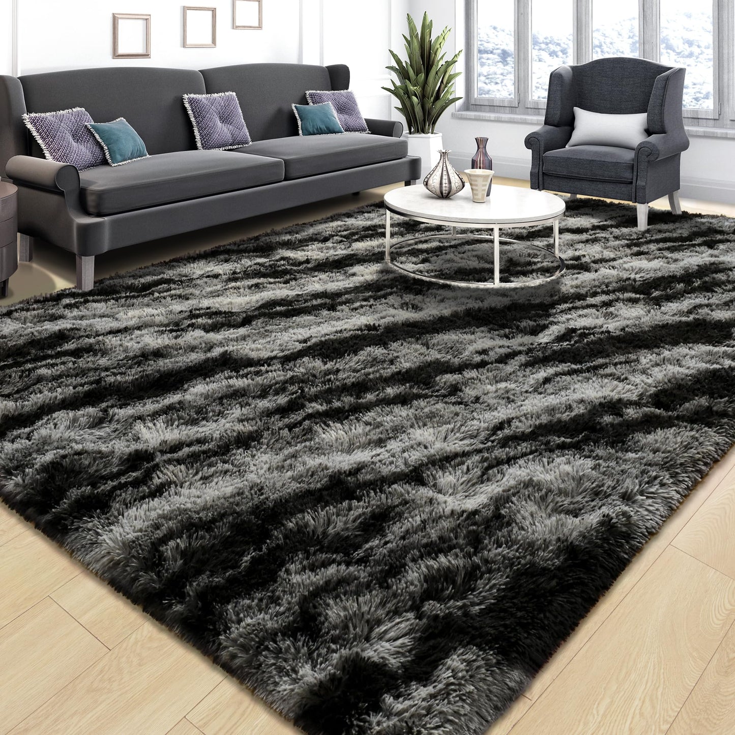 Tepook Fluffy Large Rugs for Living Room, 8x10 Area Rugs for Bedroom, Modern Shag Fuzzy Carpets for Kids Boys Girls, Plush Indoor Nursery Home Decor Rug with Non-Slip Bottom, Black Grey