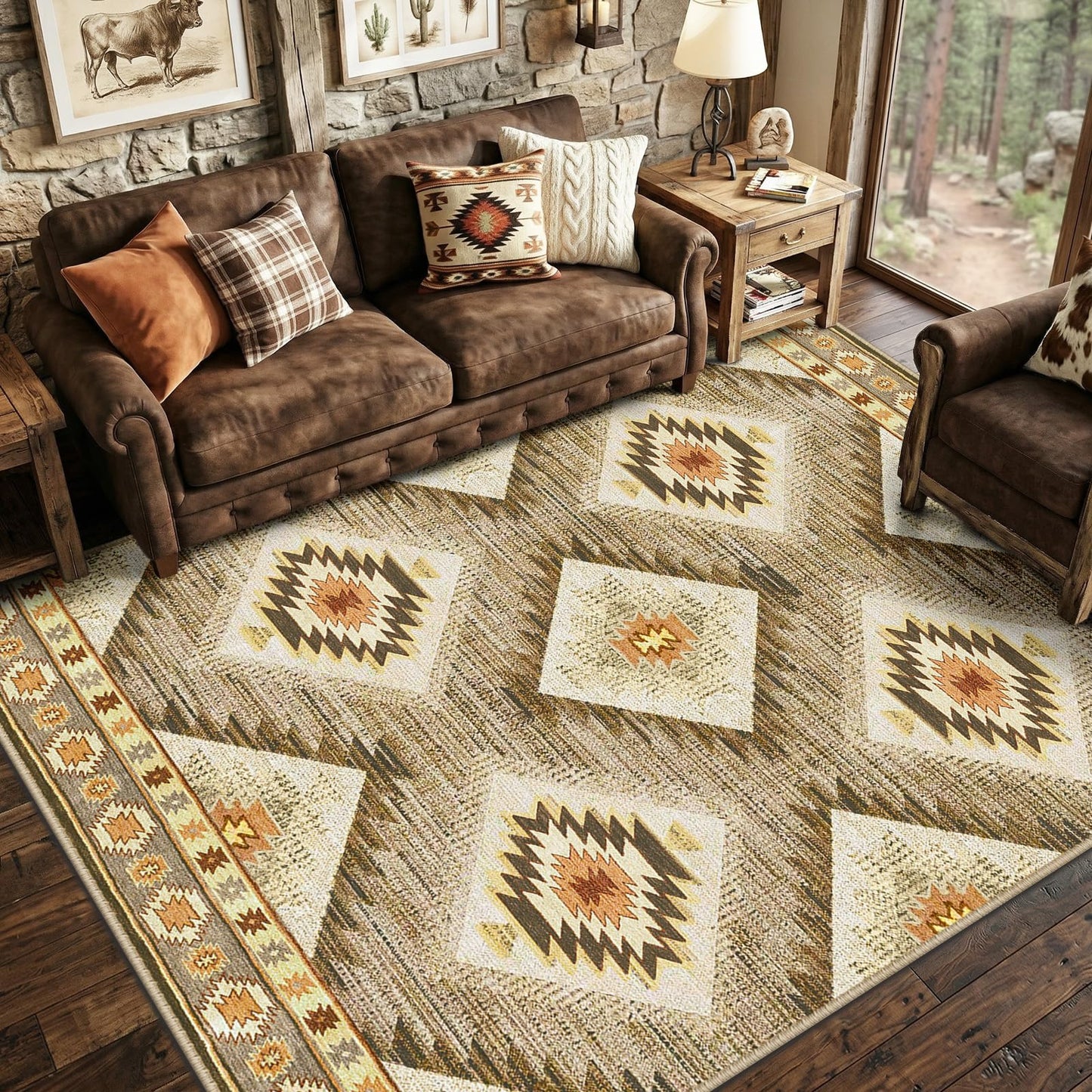 Area Rug 8x10 Rug Machine Washable Non-Slip Low Pile Print Pattern Western Rug for Living Room Bedroom Entryway Tribal Series -Cream/Camel