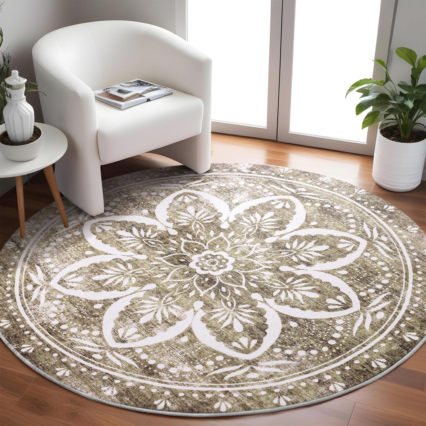 Carvapet Round Rugs Vintage Circle Rug - Washable Non Slip Rubber Backing Foldable Low Pile for Living Room Bedroom, 4 ft Brown Rug